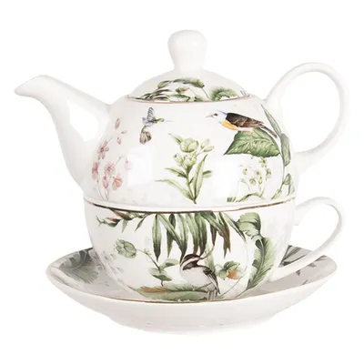 Zdjęcie produktu dla Clayre & Eef Tea for One 460 ml Biało-zielone porcelanowe ptaszki