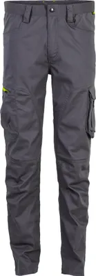 A pair of gray cargo pants with yellow accents, shown against a white background.