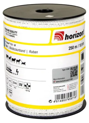 Produktbild von horizont Weidezaunband trapper T10-W 250 m lang, 10 mm breit, Breitband Litze, Weidezaun Strom, Elektrozaun, für kurze Zäune, 20 kg Bruchlast, Band, Litze Weidezaun