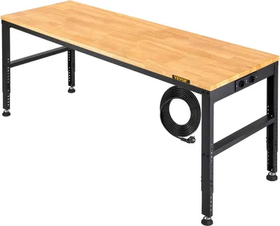 Zdjęcie produktu dla Stół warsztatowy o regulowanej wysokości, 183 x 64 cm, do garażu, o wysokości 72–97 cm i nośności 900 kg, z gniazdkami elektrycznymi, blatem z twardego drewna, metalową ramą i podkładkami pod nogi, do biura, domu i warsztatu.