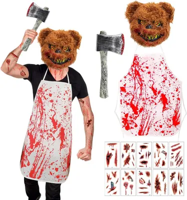 Produktbild von Halloween Kostüm Horror Bär, Maske, Axt, Schürze, 10 Blutsticker, für Halloween