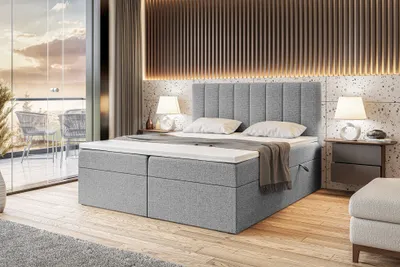 Produktbild von MEBLINI Boxspringbett mit Bettkasten - Gepolstert Doppelbett mit Matratze und Topper - Polsterbett mit Stauraum - Bett mit Kopfteil - Stauraumbett - ERLING - 140x200 - H4/Grau Webstoff