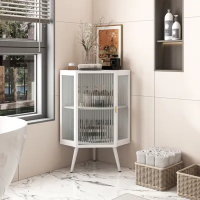 Produktbild von Bodenschrank 56.5x42.5x80 cm Weiss mit Glastuer Standschrank fuer Wohnzimmer Schlafzimmer Badezimmer verstellbares Regal