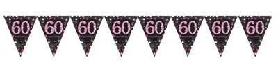 Immagine prodotto di 60° compleanno ghirlanda di bandierine glitterata rosa e nera