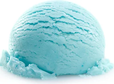 A close-up studio shot of a scoop of blue ice cream against a white background.