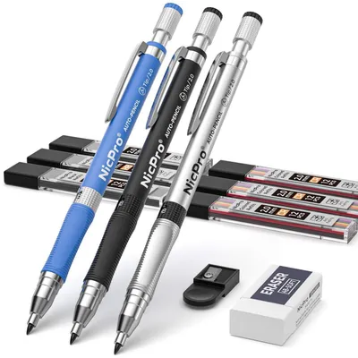 Produktbild von Druckbleistift Set 2,0 mm 3 Stück mit Minen HB 2B Farbe Schwarz Radiergummi Anspitzer 78-teilig