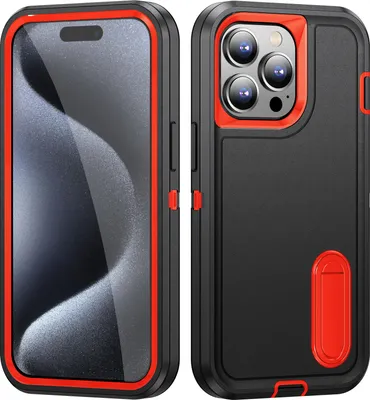 Produktbild von Hülle für iPhone 15 Pro Max Hybrid Dreilagige Robust Stoßfest Schwerlast Schutzhülle mit Ständer Schwarz Orange