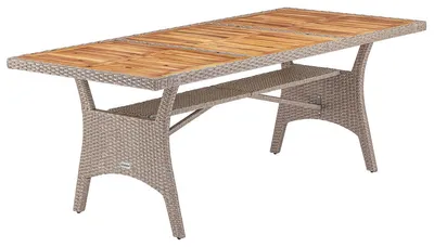 Zdjęcie produktu dla CASARIA® Stół ogrodowy z polirattanu z półką z drewna akacjowego z certyfikatem FSC® 190x90 cm regulowana wysokość odporny na warunki atmosferyczne stół ogrodowy na taras kremowy