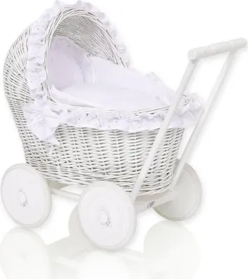 Produktbild von Weißer Puppenwagen – Korbwagen – handgefertigt, sicher und weich gepolstert