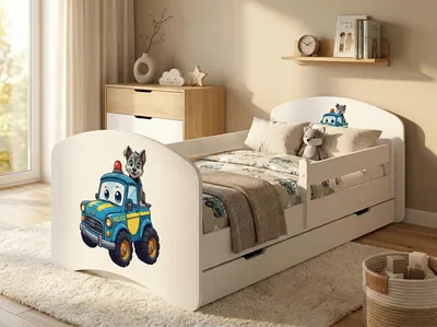 Produktbild von Happy Babies Kinderbett - mit Rausfallschutz Junge 140x70 Mädchen, Bett für Kinderzimmer mit Schublade & Matratze Einzelbett für Kinder Kinder Hundemotiv, süße Bilder (Niebieskipiesek)