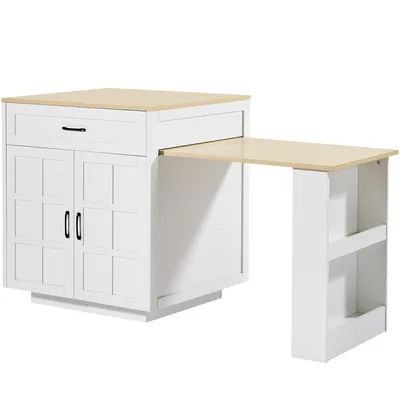 Produktbild von Flieks ausziehbarer Esstisch Bartisch, Küchentisch mit 2 Schubladen und 4 Fächern, Esszimmertisch mit Stauraum, multifunktionale Kücheninsel, Weiß