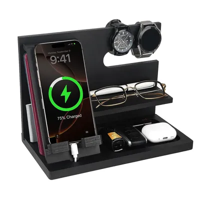 Produktbild von Massiver Holz Handy Organizer – Schreibtisch Organizer,Telefonständer mit Uhr- & Brillenhalter