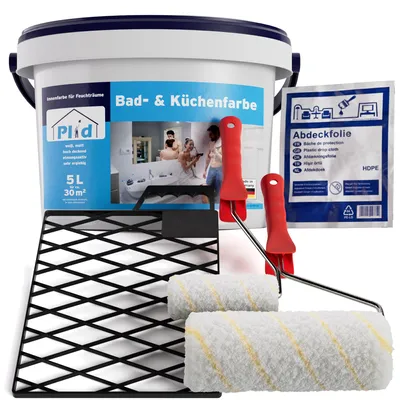 Produktbild von Plid Bad- & Küchenfarbe Weiß Matt 5L mit Anstreichset – Für ca. 30m² – Feuchtraumfarbe, Badfarbe, Küchenfarbe – Hochdeckende Innenfarbe für Küche & Ba