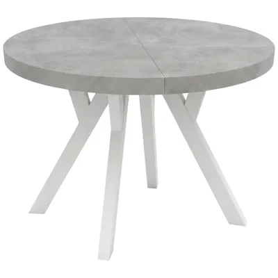 Productafbeelding van Eettafel CONVIVIO ADIDARMEBLE, diameter 90 cm, uitschuifbaar tot 130/170 cm, betonlook, witte poten, 2 verlengstukken van elk 40 cm