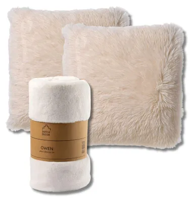Produktbild von Dutch Decor SPARSET - 3-teilig - Fluffy & Owen - 2 Dekokissen 45x45 cm - 1 Wohndecke 130x160 cm - Weiss