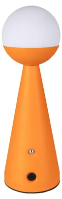 Tischlampe Bello Orange in Gesamtansicht mit orangefarbenem Stahlgestell und opalweißem Kugelschirm.