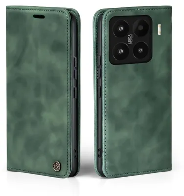 A green flip case for a smartphone, shown from the front and back.