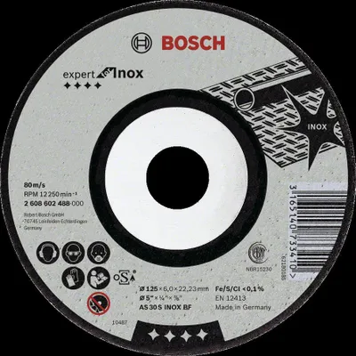 A Bosch grinding disc with product information and safety symbols.