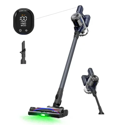 A cordless vacuum cleaner and its accessories are displayed against a white background. The vacuum cleaner is shown in a standing position, with a close-up of the digital display and a separate shot of the handheld unit.