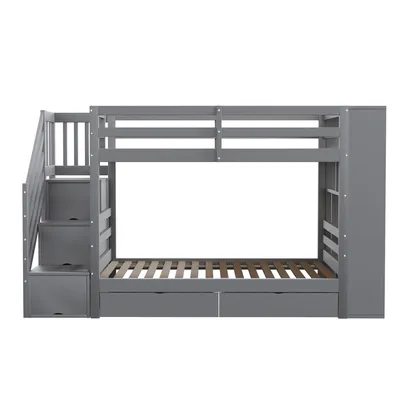 Produktbild von Flieks Etagenbett 90x200cm mit Regal, Hochbett mit 2 Schubladen, Kinderbett mit Rausfallschutz und Lattenrost, Stockbett Einzelbett Holzbett, Grau