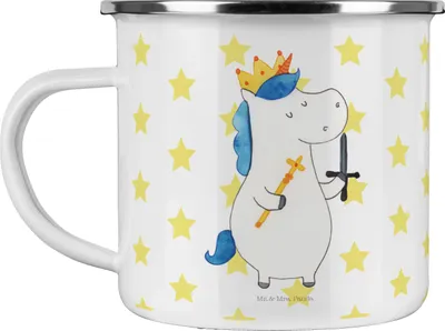 Produktbild von Mr. & Mrs. Panda Emaille Tasse Einhorn König mit Schwert - Weiß - Geschenk, Teetasse, Unicorn, Mittelalter, Einhörner, Becher, Kaffeepott, Pott, Ritter, Haferl