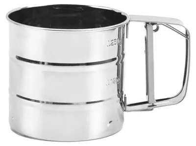 Obrázek produktu pro Nerezové síto na mouku, jednoruční, jemné kuchyňské síto na moučkový cukr a pečivo, výška 9,5 cm, průměr 10,5 cm