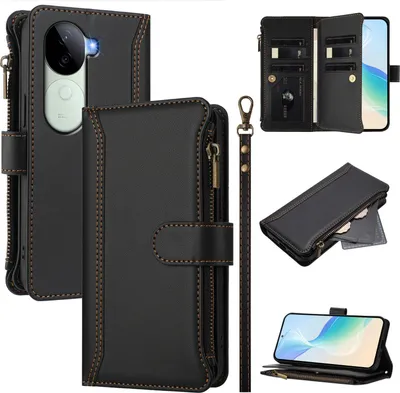 Produktbild von Handyhülle für Vivo V40E Reißverschluss Geldbörse Kunstleder Klapphülle mit Kartensteckplatz, Ständer, Handschlaufe Schwarz