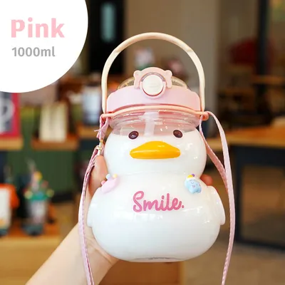 Produktbild von 1000ML Nette Ente Wasser Flasche Mit Stroh Für Mädchen Große Bauch Kunststoff Tasse Trinken Bottl Kinder Kawaii Wasser Flasche, rosa