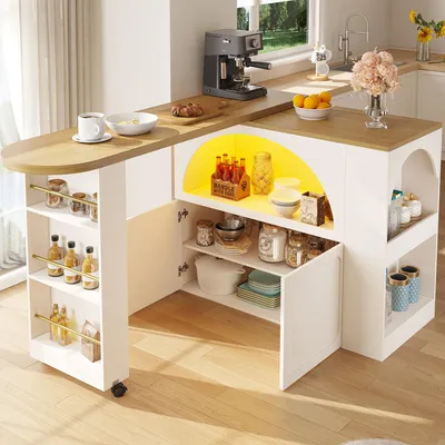 Image de Flieks Table de bar extensible Table de salle à manger avec rangement, table de cuisine avec Led et Usb, 135-205x39x100 cm, Blanc