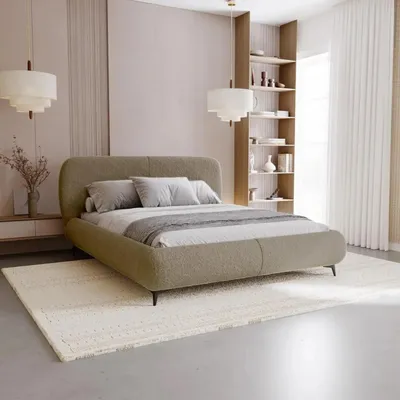 Produktbild von Chilly Möbel Design Bett Kyoto - Polsterbett im Japandi-Stil mit Bettkasten und Kopfteil 160x200 cm / Metallrahmen / Bouclé / Dunkelbeige