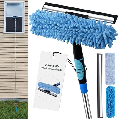 Teleskop-Fensterreiniger 4 m, 2-in-1, mit Abzieher und 2 Tüchern, blau