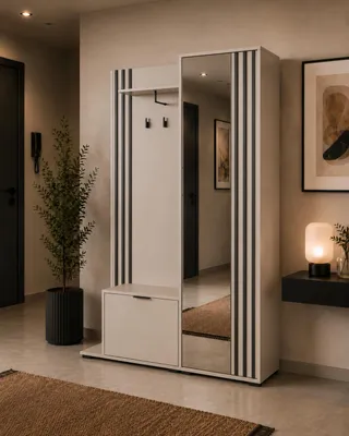 Produktbild von MOEBLO Flurgarderobe JOHN – Kompaktgarderobe mit Sitzkissen, Dielenschrank mit Spiegel, Schuhschrank, Kleiderhaken und Regal für Flur und Diele 131x197x40 cm - Kaschmir Schwarz mit Sitzkissen