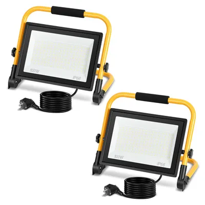 Obrázek produktu pro Ikodm 2x LED stavební reflektor 100W, 8000lm, studená bílá (6500K), IP66, se stojanem a 3m přívodním kabelem. LED reflektor, pracovní světlo pro stavby, zahrady