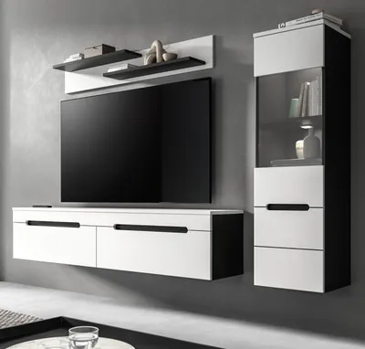 Produktbild von Wohnwand "Cooper" in weiß und grau Wohnkombination 3-teilig hängend / stehend 221 cm