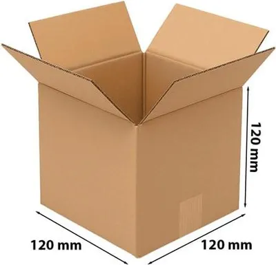 A brown cardboard box with its flaps open, showing its dimensions.