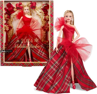 A Barbie doll in a red holiday dress, shown both in its packaging and out of the box.