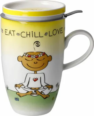 Produktbild von Goebel Teetasse mit Deckel und Sieb Der kleine Yogi - Eat Chill Love, Becher, Fine Bone China, Bunt, 450 ml, 54102831