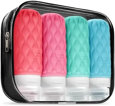 Produktbild von PromoHome® 4-teiliges Silikon-Reiseflaschen-Set 100ml – TSA-zugelassen, auslaufsicher, BPA-frei, mit Beutel
