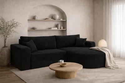 Image de Canapé d'angle Kaiser avec fonction couchage, velours côtelé Poso, noir, version droite, ROUND ONE