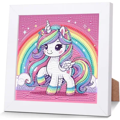 Image de Kit de peinture diamant pour enfants, avec cadre, motif licorne, dimensions 18x18 cm