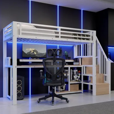 Produktbild von Hochbett, 90 x 200 cm, Metallbettgestell, Leiterschrank, Ablagefach, USB + Typ-C, LED-Lichtleiste, Ohne Matratze, Weiß