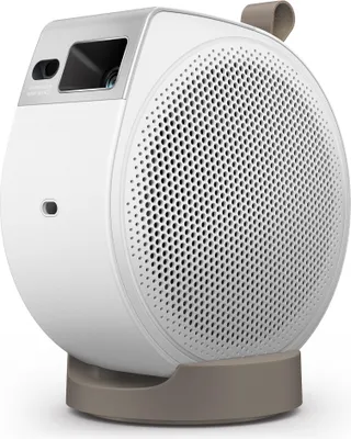A white and gray digital projector with a tan handle and base, shown on a white background.