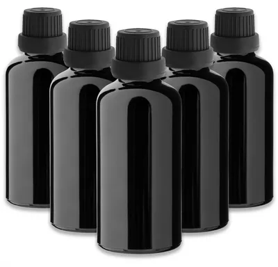 Produktbild von 5x Schwarze Glasflasche 50 ml mit schwarzem Tropfer Tropfeinsatz Set