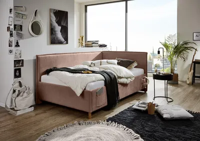 Produktbild von Meise Möbel Kinderbett FUN 90x200 cm | Polsterliege | Bettkasten & Lattenrost | Webstoff Rose | Holzfuß eichefarbig