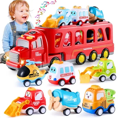 Produktbild von Feuerwehrauto Spielzeug Feuerwehr Spielzeugauto - 7-in-1 Set - Transportwagen - Zugfahrzeuge für Kleinkinder - Ab 3 Jahren