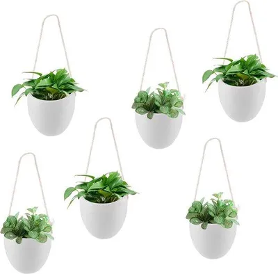 Image de Pots de fleurs suspendus en céramique - blancs - pour l'intérieur et l'extérieur - lot de 6