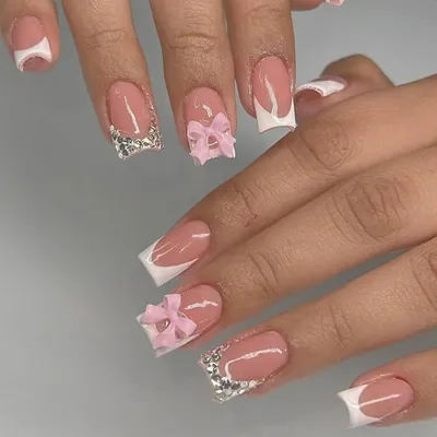 Produktbild von 24 Stück rosa Schleife Diamant French-Maniküre-Tabletten - quadratisch - Pressnagel - Strass-Design - nackte rosa künstliche Nägel - vollständige Abdeckung - Kleber-Maniküre - nagelkunst accessoires