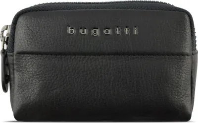 A black leather coin purse with the brand name 'bugatti' embossed on the front.