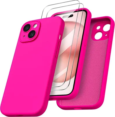 Produktbild von iPhone 15 Hülle mit Kameraschutz, Schutzfolien, flüssigem Silikon - 6.1 Zoll - stoßfest - Mikrofaser - Leuchtend Rosa