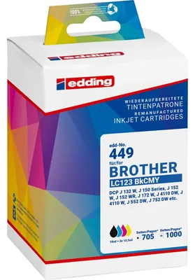 Produktbild von Edding EDD-449 Tintenpatronen Multipack, schwarz, cyan, magenta, yellow kompatibel zu Brother LC123BK/X/M/Y, Schwarz, Cyan, Magenta, Gelb, 18 ml, 10,5 ml, 4 Stück(e), 705 Seiten, Multipack